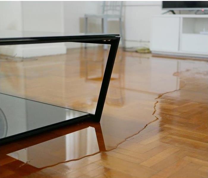 Water pooling on wood floor, TV sitting on wooden structure in background