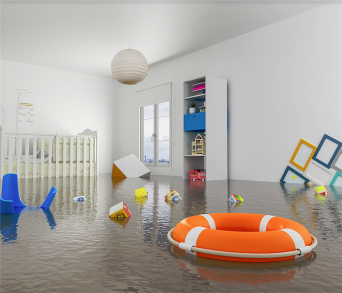 a flooded nursery with things floating everywhere