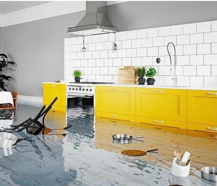 standing water in kitchen; furniture and appliances floating
