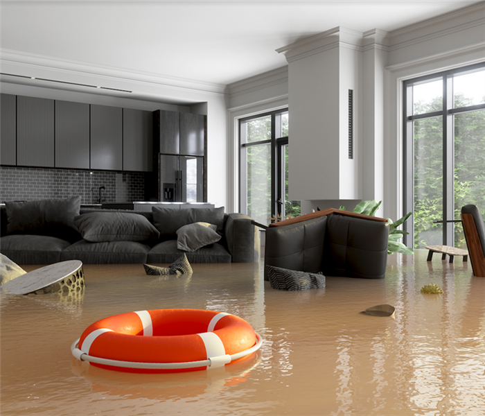 a flooded living room with water everywhere